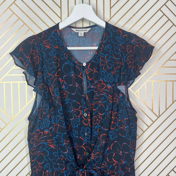 Whistles Outline Floral Jumpsuit Blue Red Button Front Tie Waist Size US 8 - Picture 3 of 11